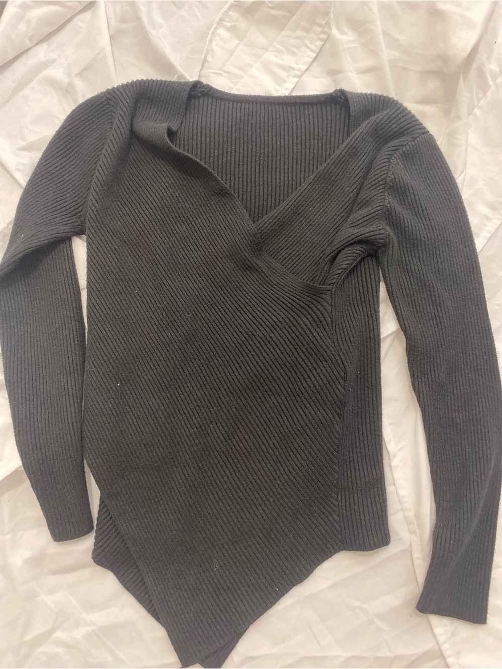 Women's Black Ribbed Asymmetric V-Neck Sweater